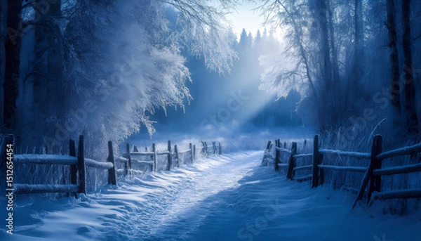 Obraz A snowy path leads through a winter forest, the trees and bushes covered with frost.
