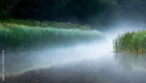 Obraz The calm pond is shrouded in thick fog early in the morning, which spreads over the water, partially hiding the coastal vegetation.