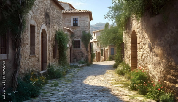 Obraz The winding cobbled street runs between old stone houses covered with greenery and flowers.