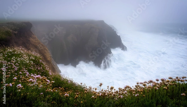 Obraz A rocky coast washed by the stormy waves of the Pacific Ocean in thick fog.