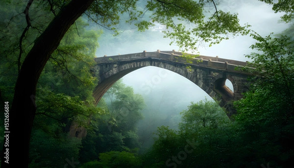 Obraz The arch of an old stone bridge rises above a misty forest with dense green vegetation.