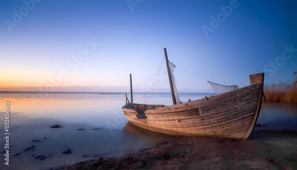 Obraz An old wooden fishing boat sits on the sandy shore of a calm lake at dawn.