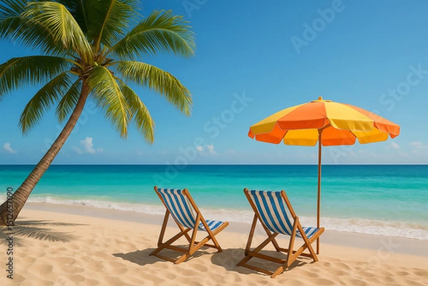 Fototapeta Beach Chairs on a Beach with Palm Tree and Umbrella on Sandy Shore