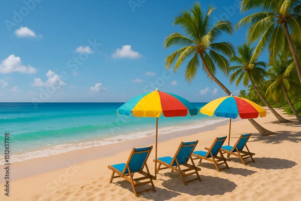 Fototapeta Beach Chairs under the bright umbrellas on a Beach with Palm Trees
