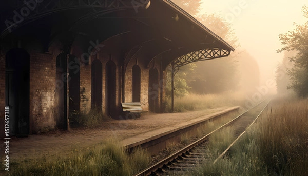 Obraz An old, abandoned railway platform with rusty rails, overgrown with grass, immersed in thick morning fog.