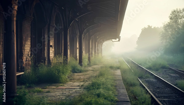 Obraz The old railway platform with its rusty metal columns and canopy is partially hidden by the thick morning fog.