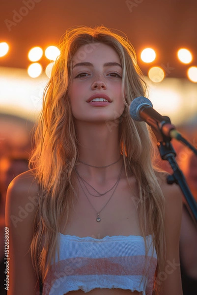 Fototapeta Portrait scénique d’une chanteuse sur scène au coucher du soleil ou sous les projecteurs, interprétant une chanson devant un public lors d’un concert estival en extérieur ou en intérieur