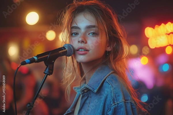 Fototapeta Portrait scénique d’une chanteuse sur scène au coucher du soleil ou sous les projecteurs, interprétant une chanson devant un public lors d’un concert estival en extérieur ou en intérieur