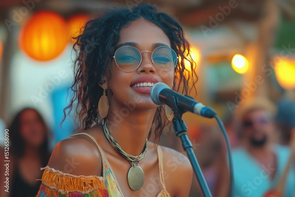Fototapeta Portrait scénique d’une chanteuse sur scène au coucher du soleil ou sous les projecteurs, interprétant une chanson devant un public lors d’un concert estival en extérieur ou en intérieur