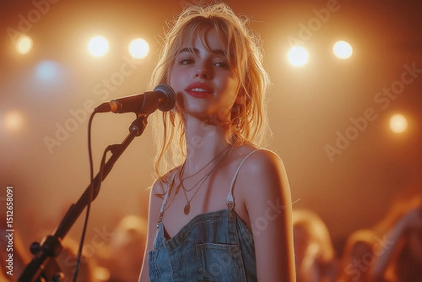 Fototapeta Portrait scénique d’une chanteuse sur scène au coucher du soleil ou sous les projecteurs, interprétant une chanson devant un public lors d’un concert estival en extérieur ou en intérieur