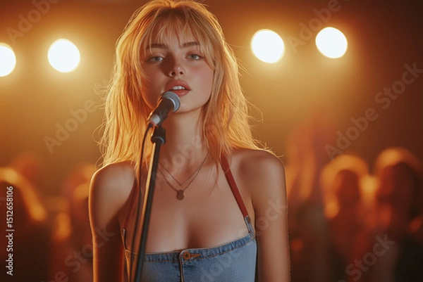 Fototapeta Portrait scénique d’une chanteuse sur scène au coucher du soleil ou sous les projecteurs, interprétant une chanson devant un public lors d’un concert estival en extérieur ou en intérieur
