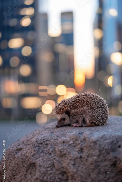 Obraz Urban Hedgehog: A spiky visitor takes a rest on a rock with the blurred city lights providing a unique contrasting backdrop.