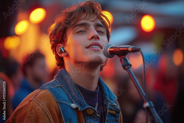 Fototapeta Jeune chanteur sur scène lors d’un concert d’été en extérieur, ambiance musicale festive et lumineuse, foule en arrière-plan, expression intense et éclairages de spectacle