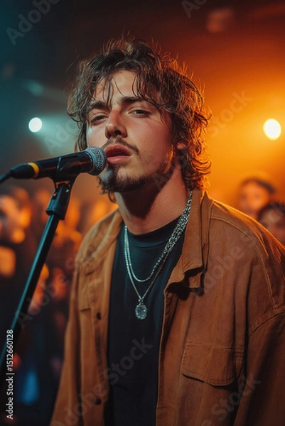 Fototapeta Jeune chanteur sur scène lors d’un concert d’été en extérieur, ambiance musicale festive et lumineuse, foule en arrière-plan, expression intense et éclairages de spectacle