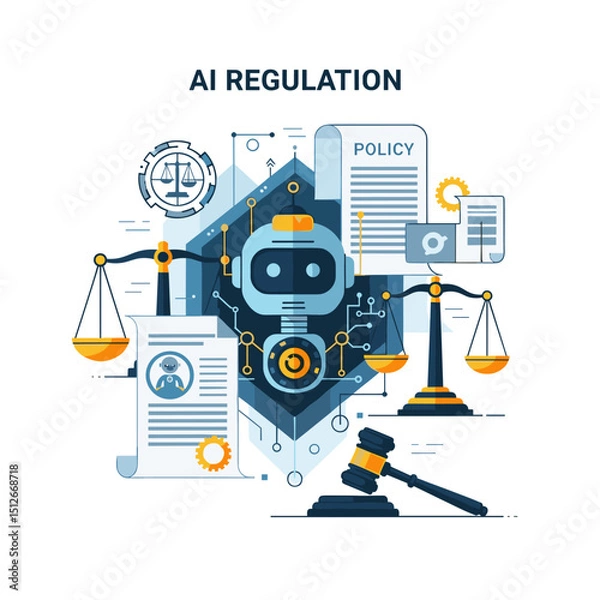 Fototapeta AI Regulation in the Balance: A visual representation illustrating the intersection of artificial intelligence and legal frameworks. Balancing scales, policy documents.