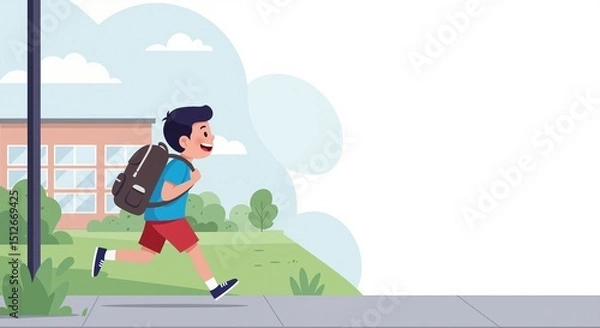Fototapeta Happy boy running home from school with a backpack on a sunny day