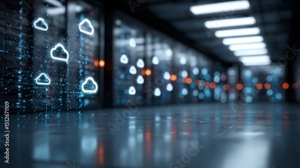 Obraz The corridor of a working data center is captured, packed with rack servers and supercomputers, alongside a visual representation of cloud storage benefits
