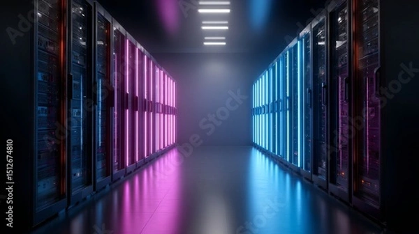Obraz The concept of modern telecommunications is illustrated in a 3D rendering of a data center, packed with rack servers and supercomputers, showcasing the latest in supercomputer technology and stock