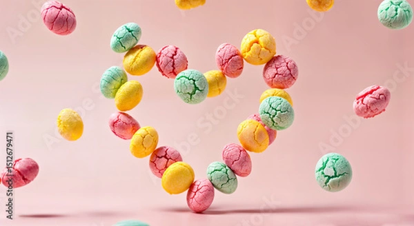 Fototapeta Freeze-Dried Colorful Candies in Motion  Falling Down in Air and Forming Heart Shape on Pastel Pink Background 