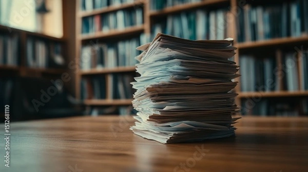 Fototapeta From a high angle, a close-up view shows a stack of white papers positioned on a wooden surface