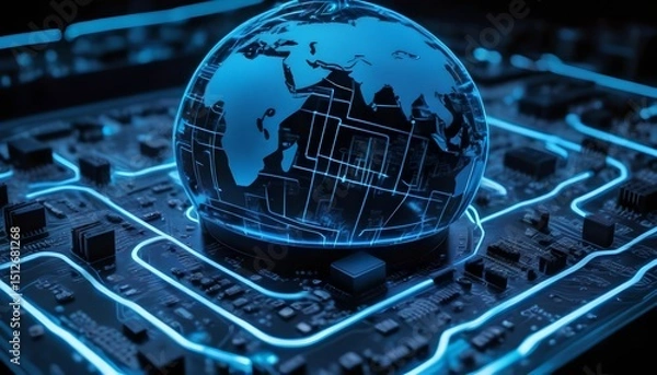 Obraz Digital Globe on a Circuit Board Representing Global Technology and Connectivity

