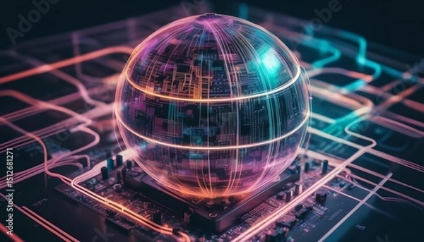 Obraz Futuristic Spherical Circuit Design With Glowing Network Connections Illustrated in Neon Colors

