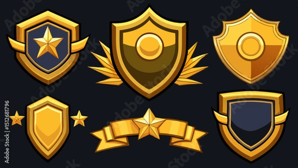 Fototapeta Golden Shield Badges Game UI Assets, Award Icons, Vector Graphics