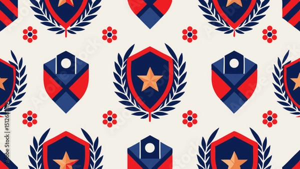 Fototapeta Patriotic Shield and Laurel Wreath Seamless Pattern Red, White, and Blue Design