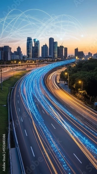 Fototapeta The city at night is characterized by its glowing connections, illuminated roadways, and sleek modern architecture
