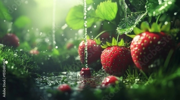 Fototapeta In a garden, a close-up shot captures ripe red strawberries, with leaves dripping water down onto the ground close to a black pipe used for irrigation