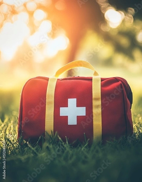 Fototapeta The red first aid kit bag is placed outside on a bed of moss, with a blurred green forest and bright sunlight behind it