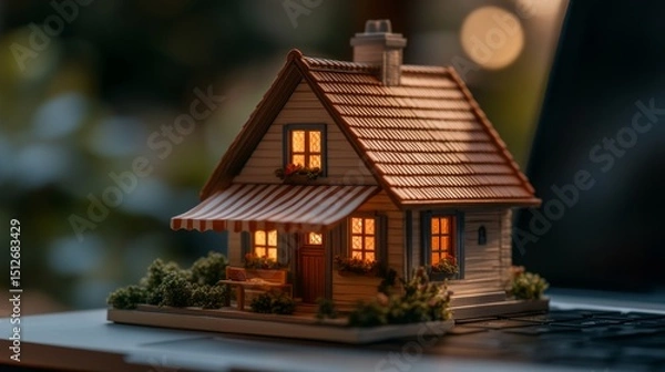 Fototapeta Rustic miniature house model displayed on a laptop in a natural outdoor environment