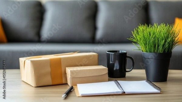Fototapeta The wooden table holds a charming still life composition of a wrapped package, books, houseplants, a coffee mug, and a notepad