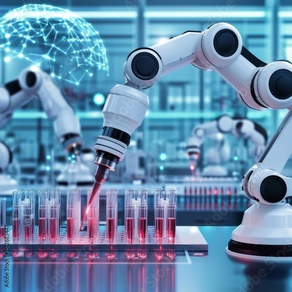 Fototapeta Robotic arms in a contemporary lab setting manage test tubes, surrounded by bright illumination and a pristine atmosphere