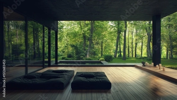 Fototapeta A peaceful atmosphere pervades this minimalist space, which features natural light, wooden floors, comfortable cushions, various plants, and a table that is low to the ground