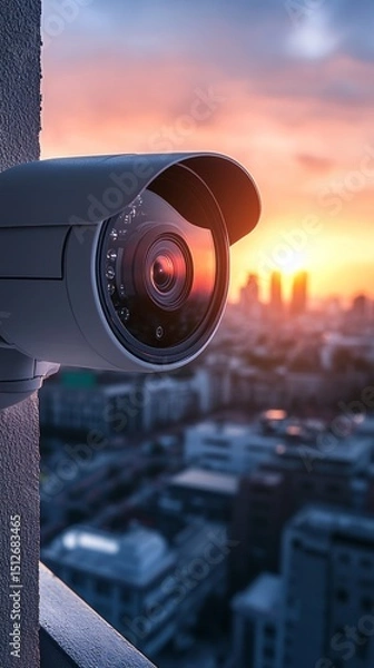 Fototapeta Multiple security cameras are positioned on tall poles to overlook the cityscape at twilight, complemented by network connection icons that signify a smart security system