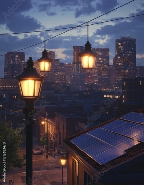 Fototapeta A vast solar panel array serves as the backdrop for a night cityscape illuminated by modern streetlights