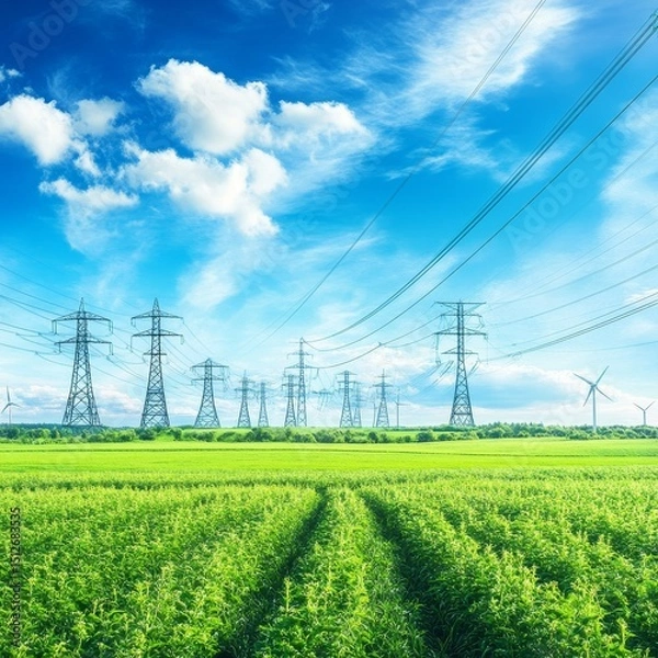 Fototapeta The landscape features wind turbines and electricity pylons at sunset, highlighting clean energy and sustainable development through alternative energy sources