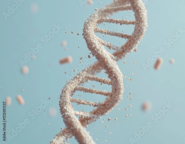 Fototapeta A warm glow illuminates a detailed 3D representation of a DNA double helix molecule, complete with attached molecules, against a somber dark blue background