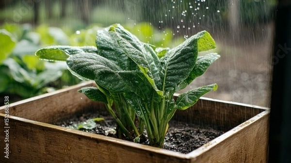 Fototapeta A close-up view of a vibrant green seedling being watered reveals water droplets clinging to its leaves