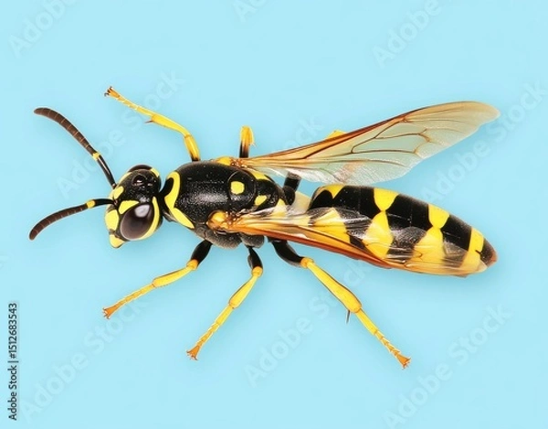Fototapeta The image features a wasp on a leaf, capturing its body and face in fine detail, set against a dark teal colored backdrop