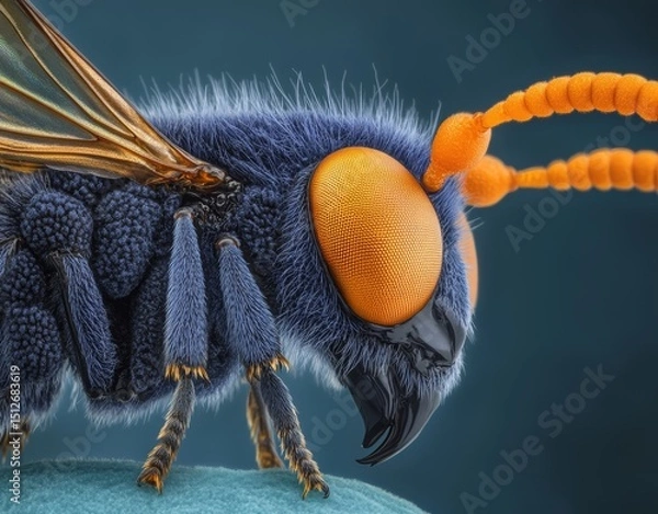 Fototapeta A close-up shot of a wasp reveals its intricate texture and sharp details, set against a dark blue background and showcasing its characteristic yellow and black stripes