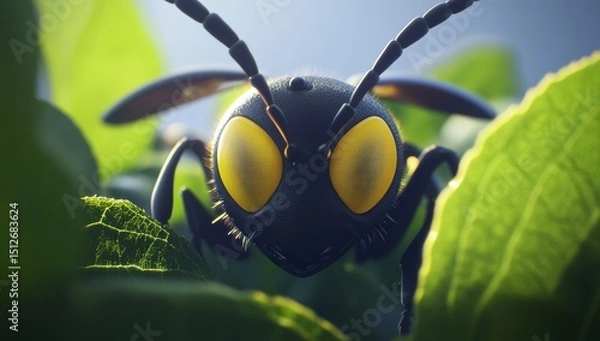 Fototapeta On a leaf, a wasp's face and body are visible in close-up detail, with darkness surrounding it