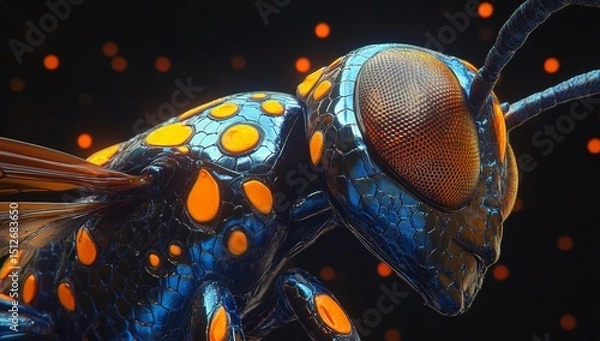 Fototapeta In this image, a wasp displaying yellow and black stripes is captured up close, sitting on a surface that has a textured appearance, with darkness surrounding it