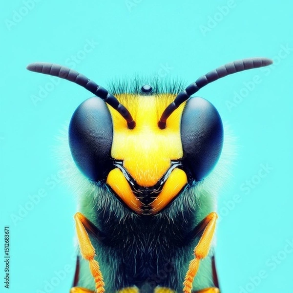 Fototapeta The image depicts a wasp featuring yellow and black stripes set against a teal-colored backdrop