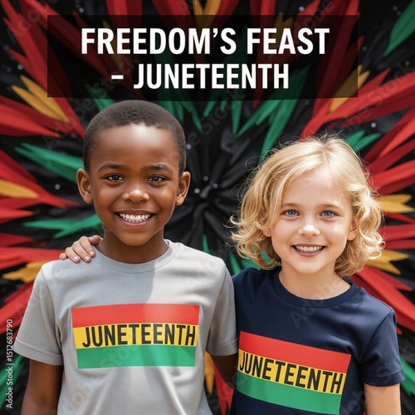 Obraz A heartwarming image celebrating Juneteenth, featuring two smiling children, one with dark skin and the other with fair skin