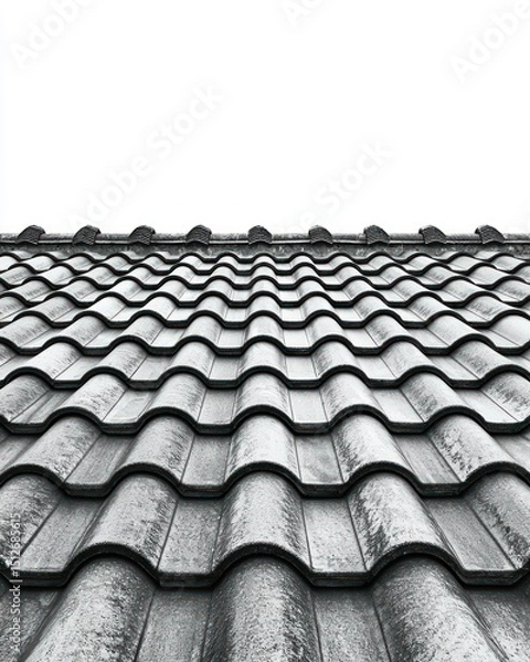 Fototapeta Patterned grey tiled roof recedes to white sky