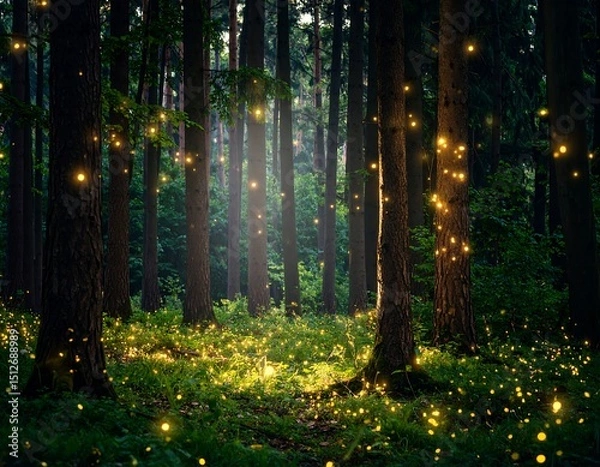 Obraz Enchanting forest lit by fireflies