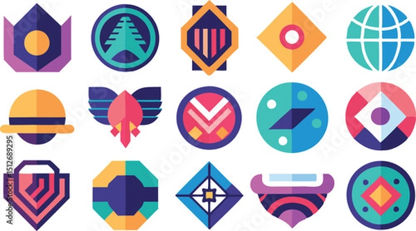 Obraz Geometric Icon Collection: Flat Design Logos in Vibrant Colors for Modern Branding Projects.