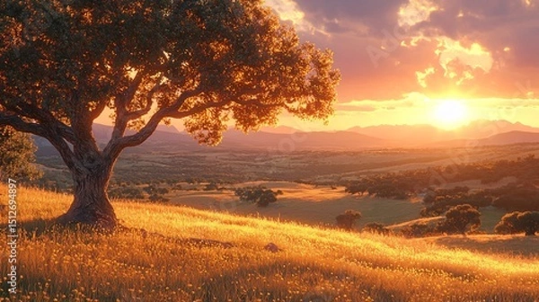 Obraz Golden Sunset with Olive Tree, and Tuscany Landscape.